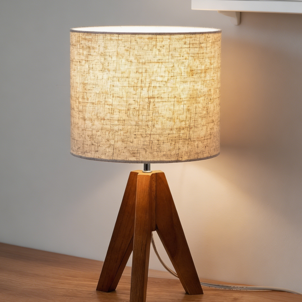 14 2" Tripod Table Lamp Linen Beige Wood Base