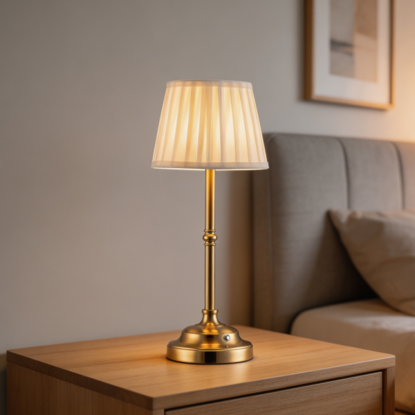 Gold Cordless Table Lamp Fabric Shade Dimmable