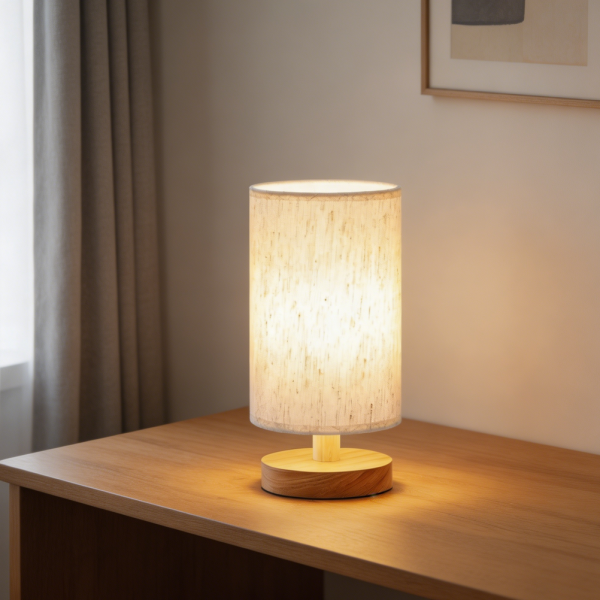 9" Cream Shade Wood Base Bedside Lamp with LED Bulb
